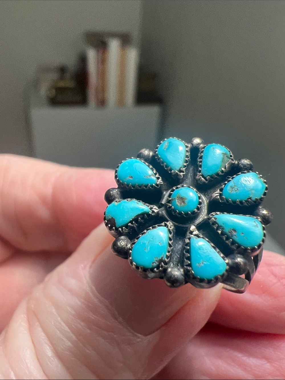 Turquoise Cluster Floral Ring in Silver Tone - Heirloom - Picture 6 of 16